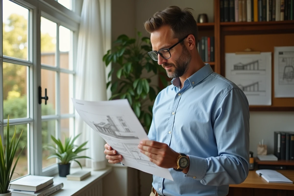Homme étudiant des plans de rénovation dans son bureau