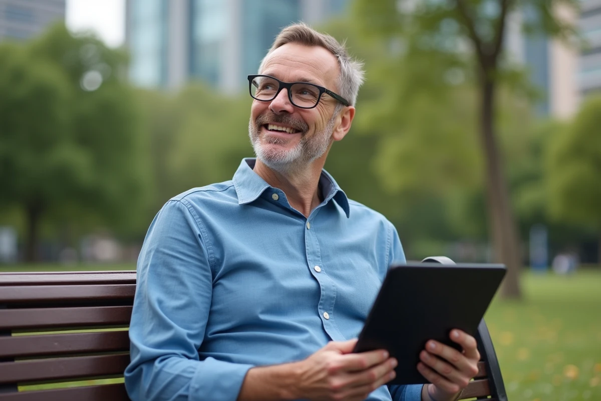 Homme souriant assis sur un banc dans un parc urbain avec tablette