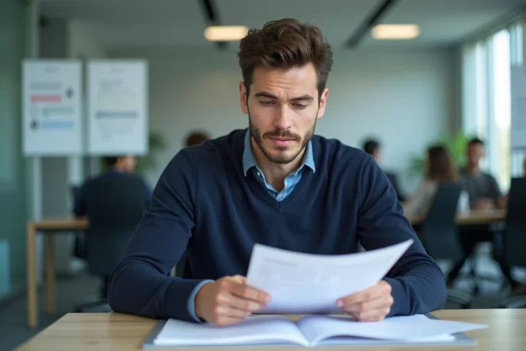 Homme en réunion dans un bureau moderne avec documents