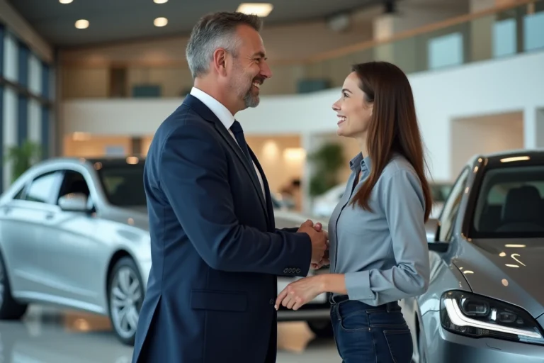 Homme d'âge moyen souriant serrant la main d'un vendeur dans un showroom de luxe