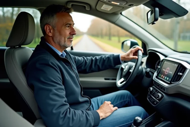 Homme en jeans et veste dans un SUV moderne