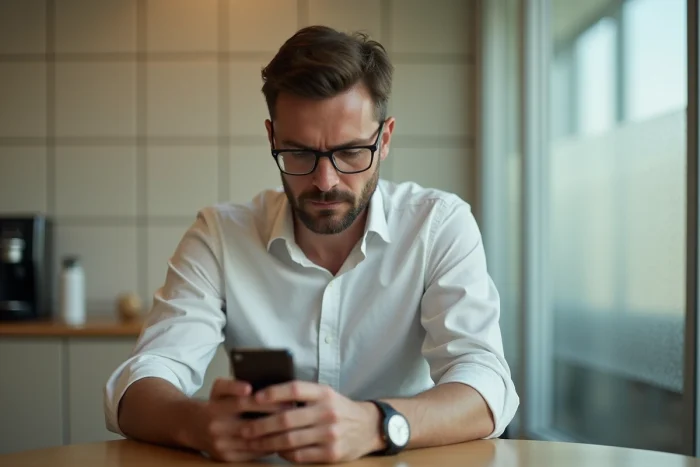Homme consultant des stories anonymes sur son téléphone dans la salle de pause d'une entreprise
