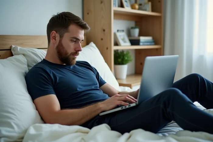 Homme utilisant un service de streaming gratuit sur son ordinateur portable dans une chambre minimaliste