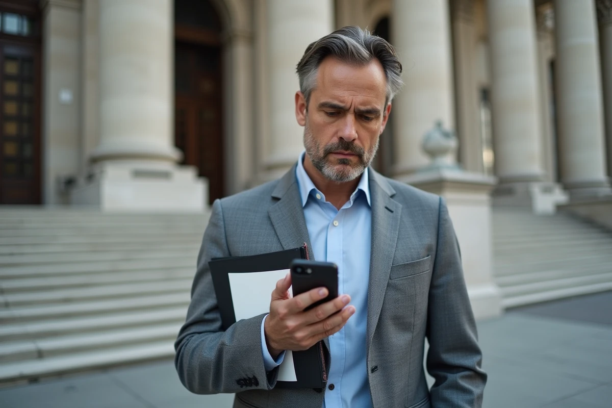 Homme vérifiant des credentials devant un bâtiment officiel