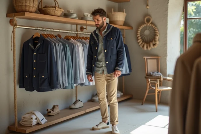 Homme en veste matelot bleu marine à boutons dorés dans un concept store côtier avec décoration en bois recyclé et corde, tendance mode marine éco-responsable