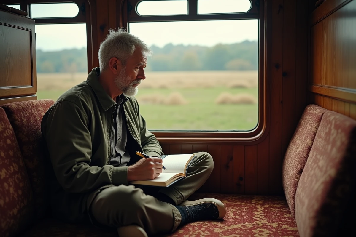 Homme écrivant dans un carnet dans un compartiment de train