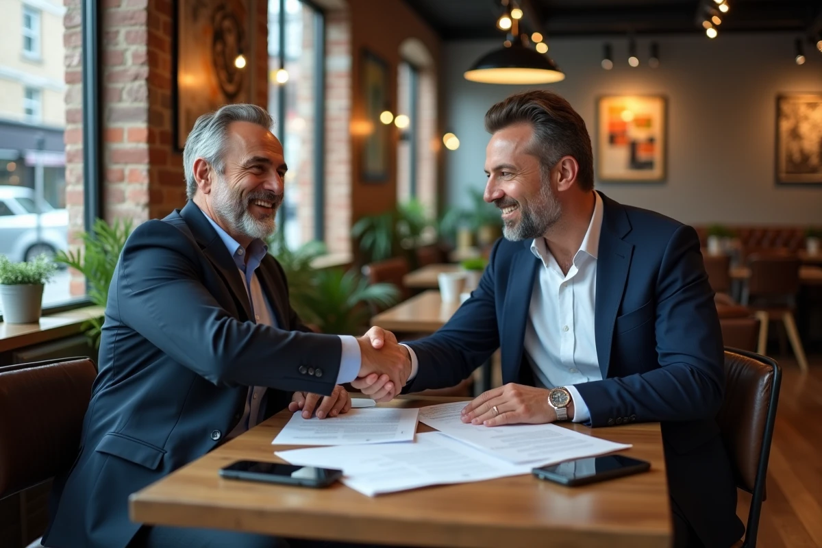 Deux hommes se serrant la main dans un café urbain