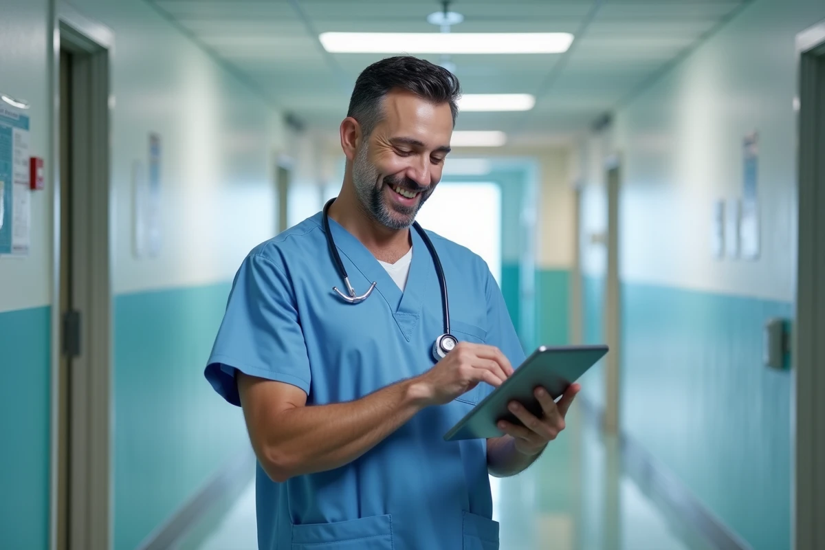 Infirmier homme utilisant une tablette dans un couloir d