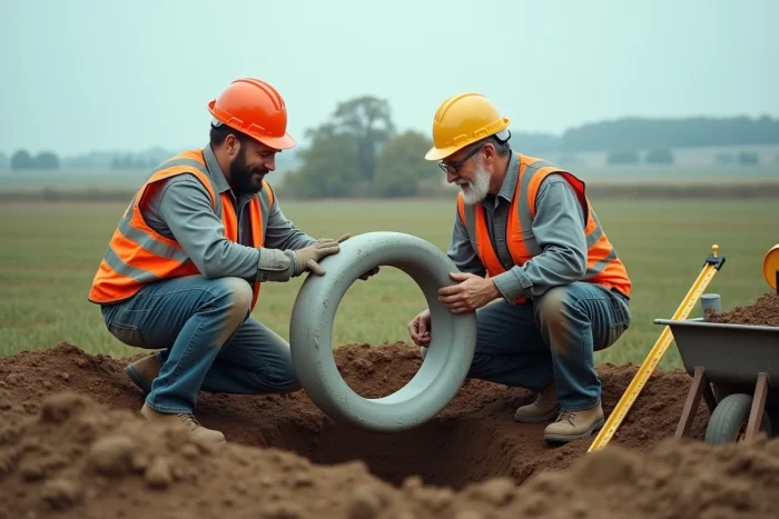 Deux ouvriers installant un cuvelage en béton dans un puits creusé à la tarière thermique en milieu rural
