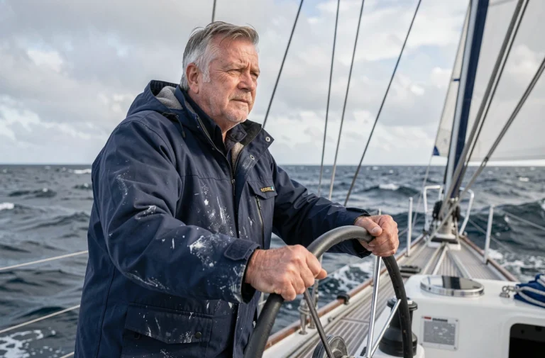 Jean Le Cam navigateur breton tenant la barre d'un voilier de course en plein océan Atlantique