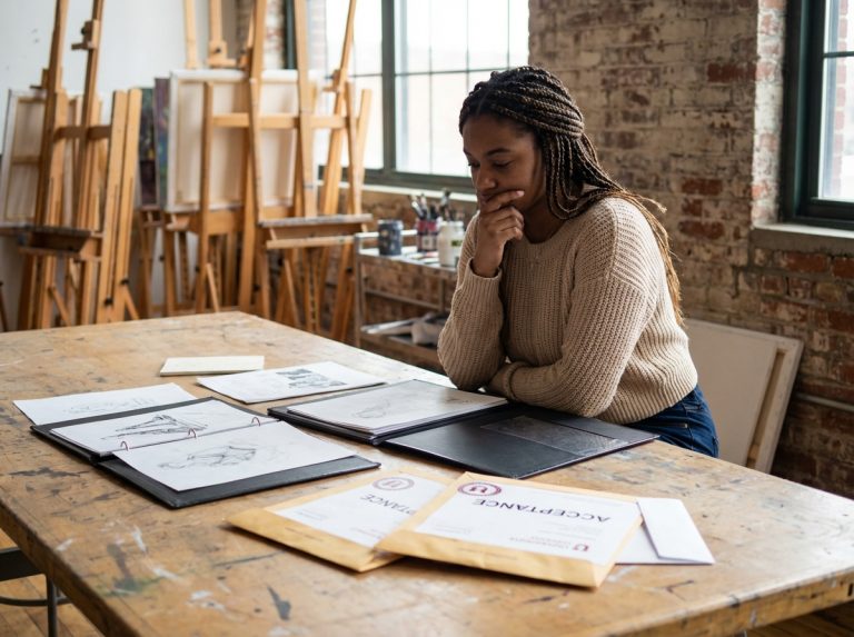 Jeune femme pensante dans un studio d'art moderne