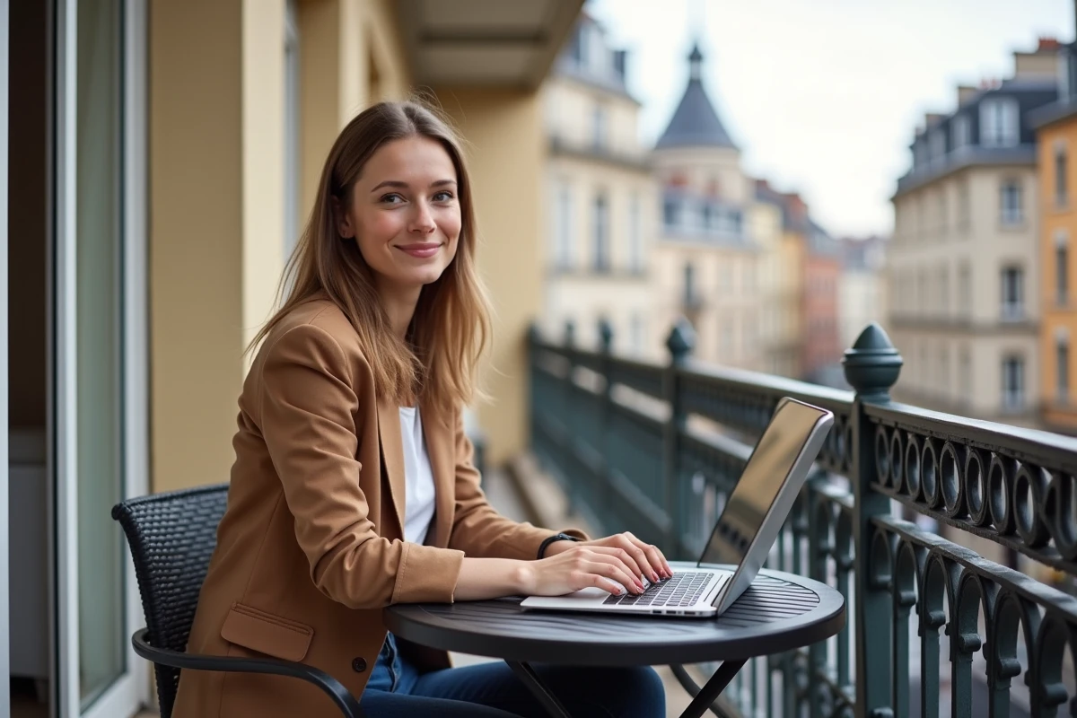 Jeune femme travaillant sur un balcon à Lyon