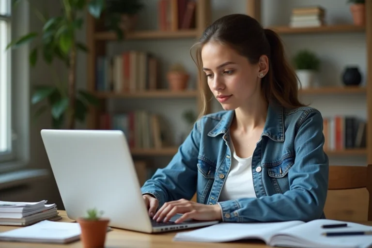 Jeune femme concentrée travaillant sur son ordinateur à la maison