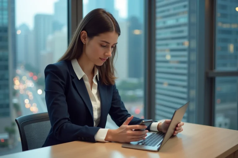 Jeune femme professionnelle regarde son smartphone en bureau