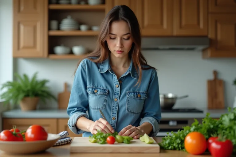 Jeune femme en cuisine prépare un repas maison