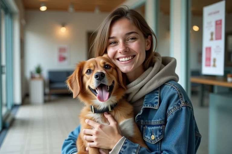 Jeune femme souriante avec un chien rescue en intérieur