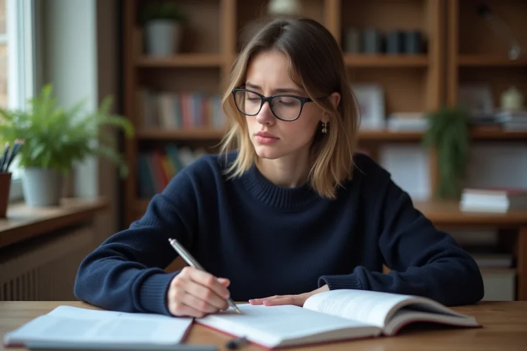 Jeune femme concentrée étudiant la grammaire française à son bureau