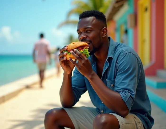 Jeune homme dégustant un bokit sur le front de mer des Antilles françaises avec vue sur la mer turquoise