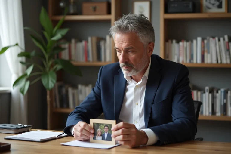 Journaliste français contemplant une photo de famille à son bureau