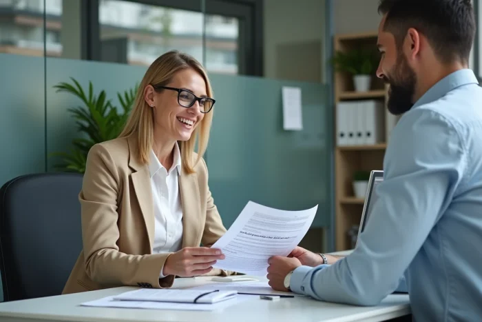 Locataire et agent immobilier discutant des avantages du bail protect dans une agence