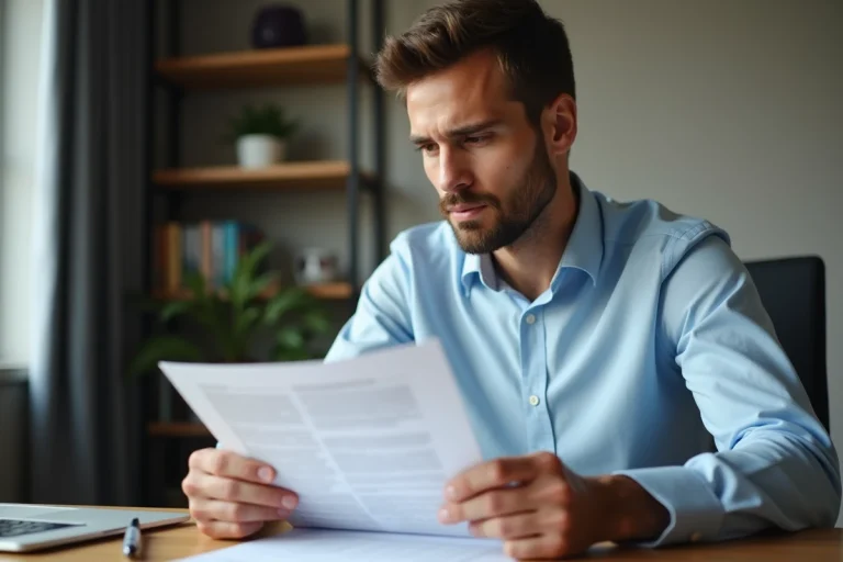 Locataire en train de lire attentivement un contrat de bail protect à son bureau