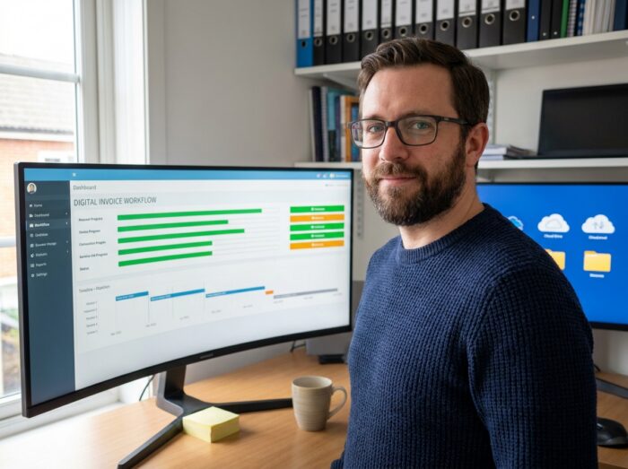 Comptable analysant le tableau de bord d'un logiciel de dématérialisation de factures dans un bureau comptable