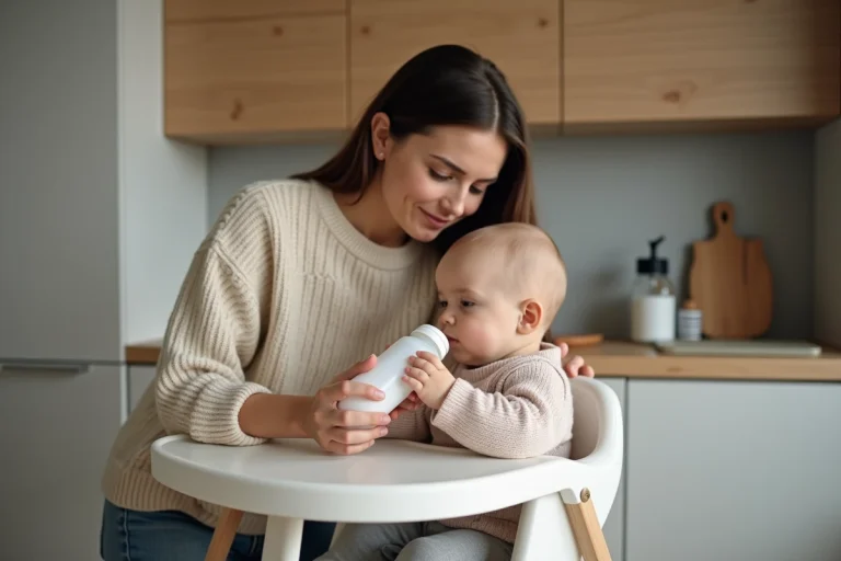 Jeune maman préparant un biberon de bébé dans la cuisine