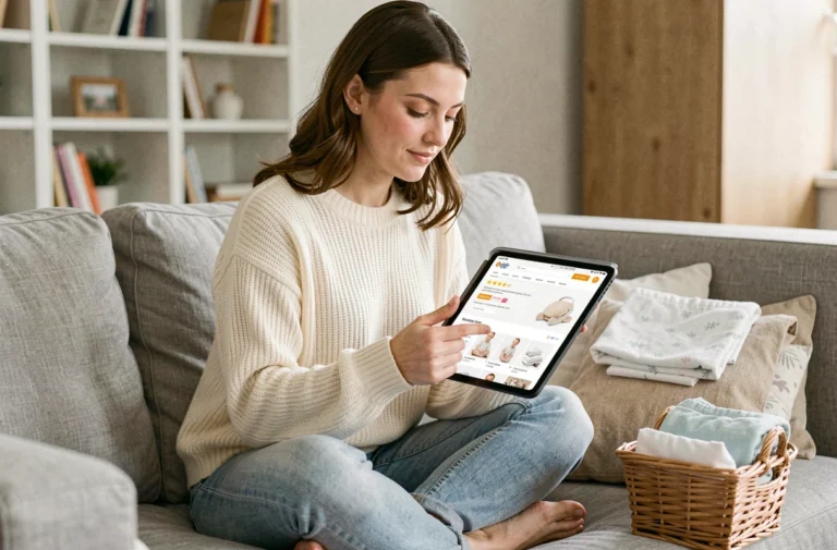Jeune maman assise sur un canapé gris choisissant des accessoires pour bébé sur une tablette lors d'achats en ligne