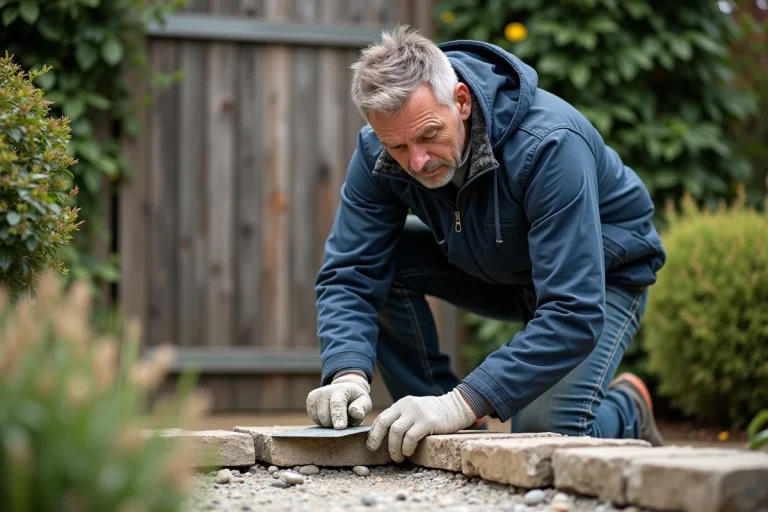 Maçon en action sur seuil en pierre rénové pour un article sur la maçonnerie