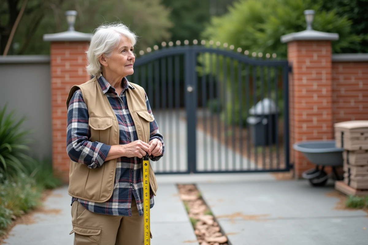 Femme maçon mesurant un seuil en béton avec un ruban pour la rénovation