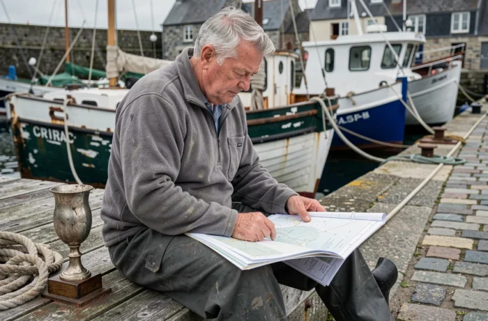 Navigateur breton expérimenté assis sur un quai étudiant une carte nautique dans un port de pêche de Bretagne