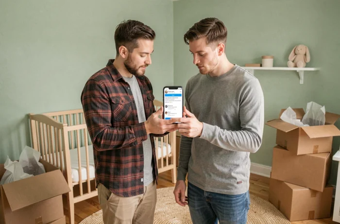Couple de jeunes parents dans une chambre de bébé en cours d'aménagement consultant des avis produits sur un smartphone pour choisir les meilleurs accessoires