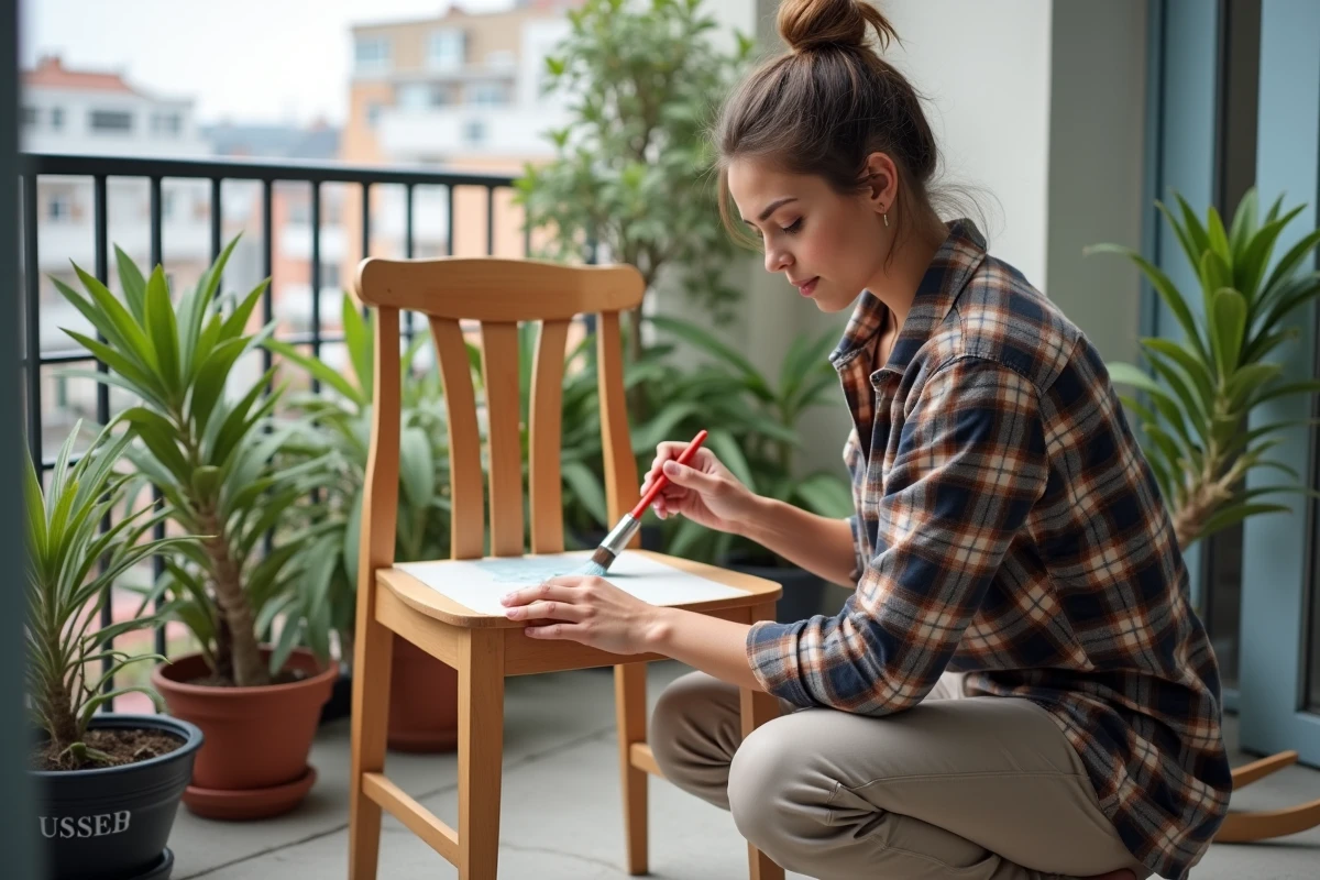 Une femme peint une chaise sur un balcon urbain