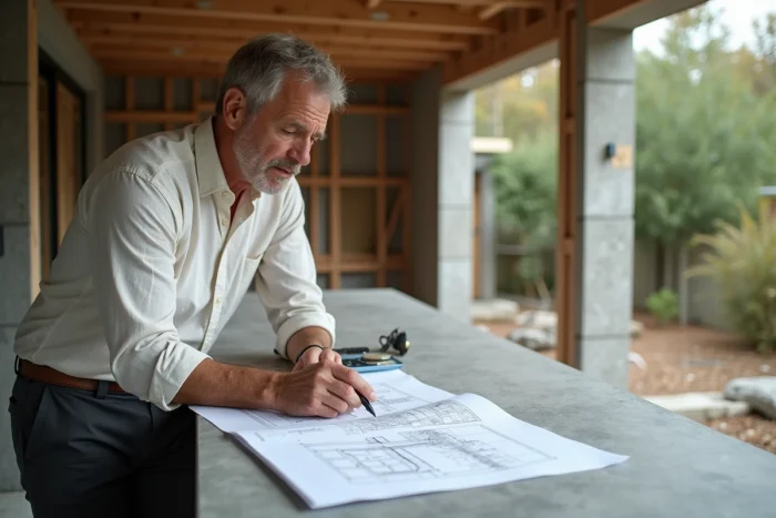Homem consultando planos de permissão de construção para uma cozinha de verão em construção em um jardim