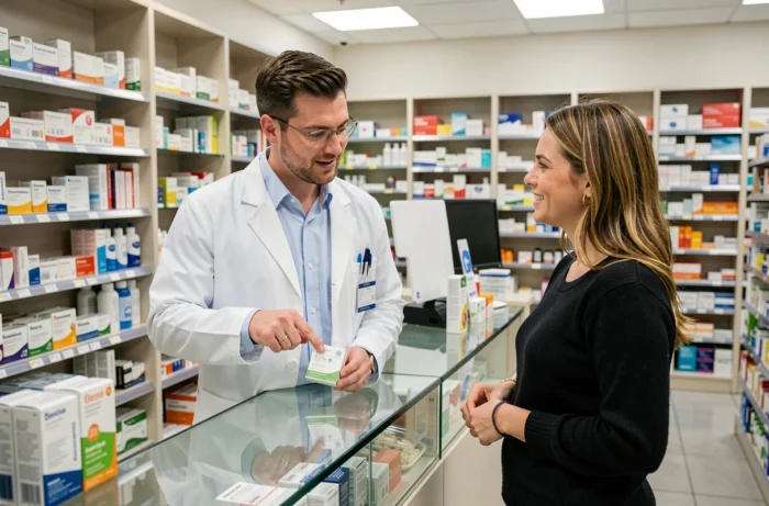 Pharmacien conseillant une cliente sur un médicament dans une pharmacie moderne
