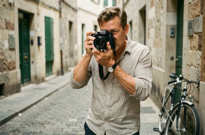 Photographe tenant un Fujifilm X-E1 en situation de street photography dans une rue pavée européenne, ambiance reportage authentique