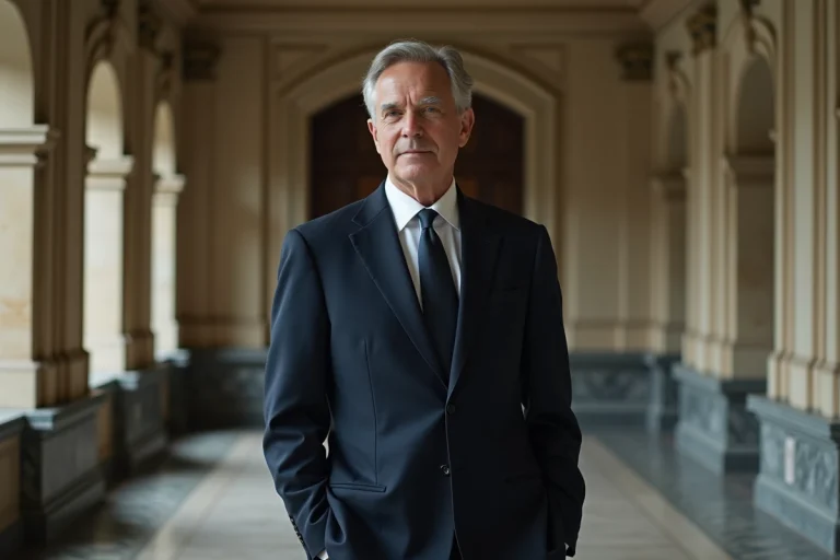 Portrait d'un homme en costume sombre dans un couloir institutionnel parisien, évoquant la vie publique d'Alain Bauer