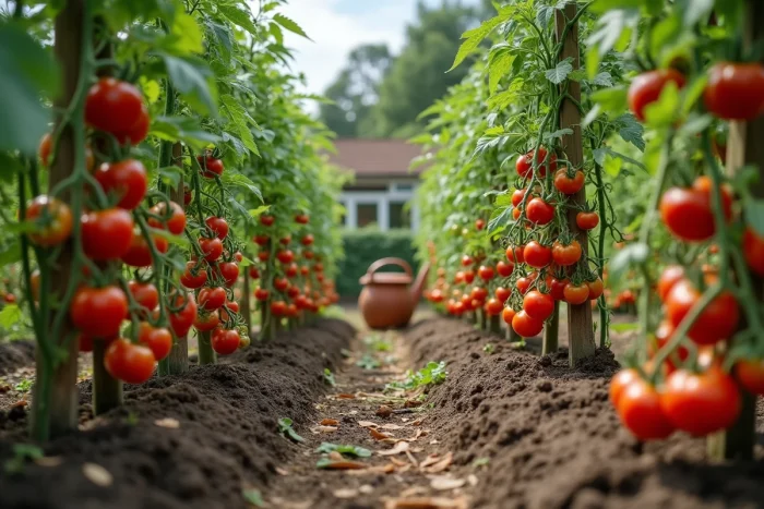 Vue d'ensemble d'un potager domestique avec des plants de tomates tuteurés chargés de fruits rouges mûrs, illustrant le cycle complet de la floraison à la récolte