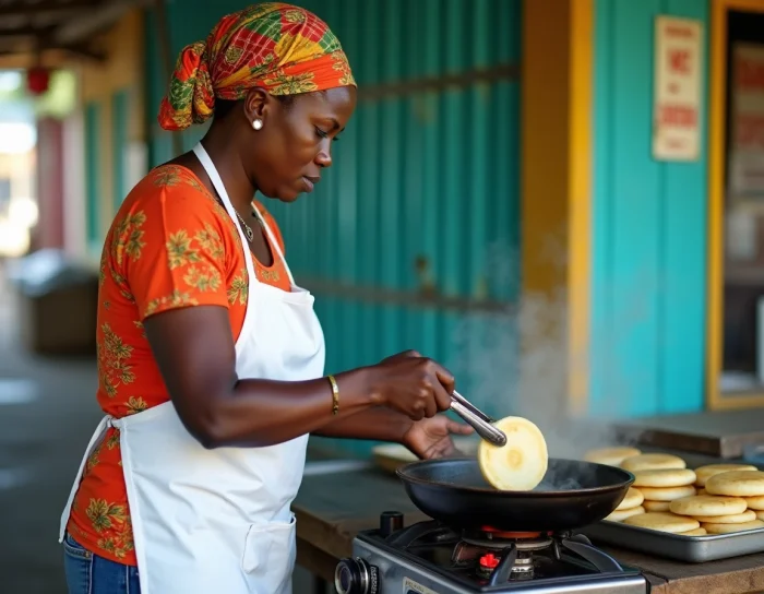 Femme antillaise préparant des bokits frits dans une friterie de rue à Pointe-à-Pitre en Guadeloupe
