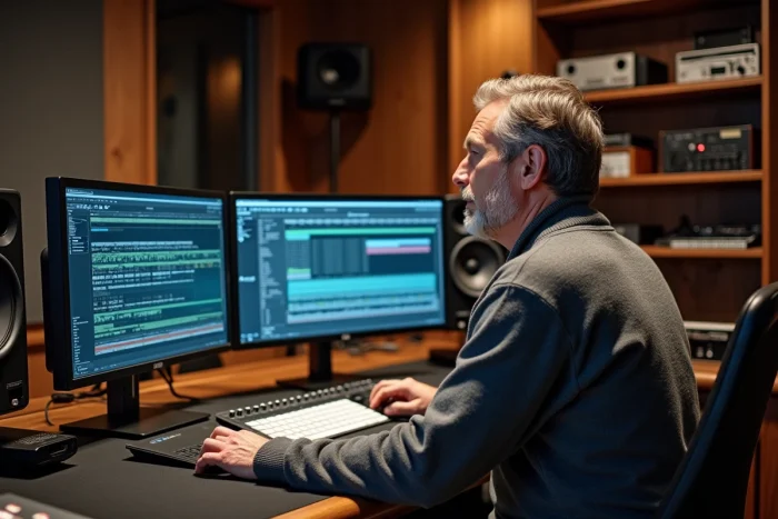 Produtor de música renomado trabalhando em uma console de mixagem profissional em uma cabine de controle de estúdio