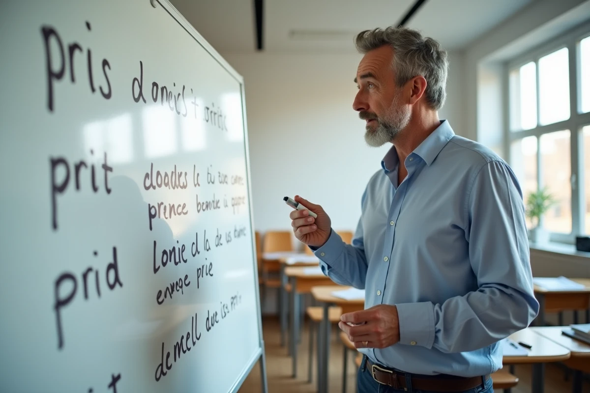 Professeur expliquant la différence entre pris et prit en classe