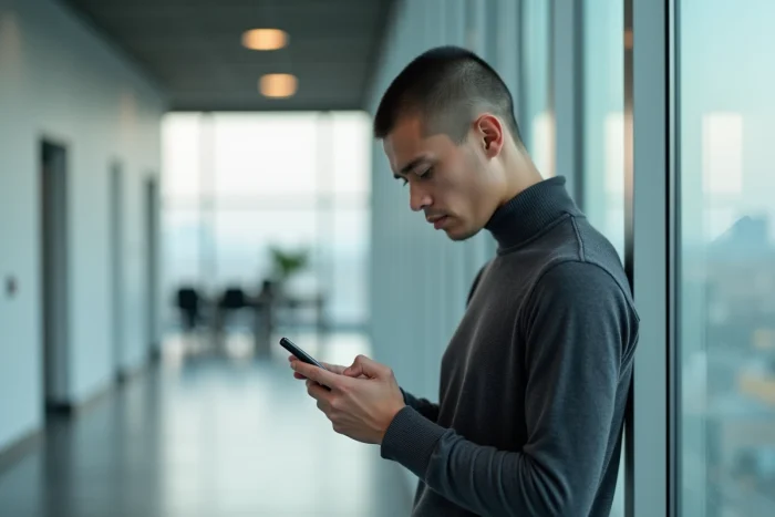 Jeune professionnel utilisant une application de stories anonymes dans un couloir de bureau moderne