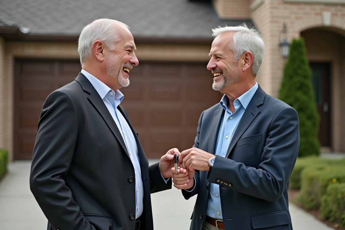 Deux hommes échangeant des clés devant une maison