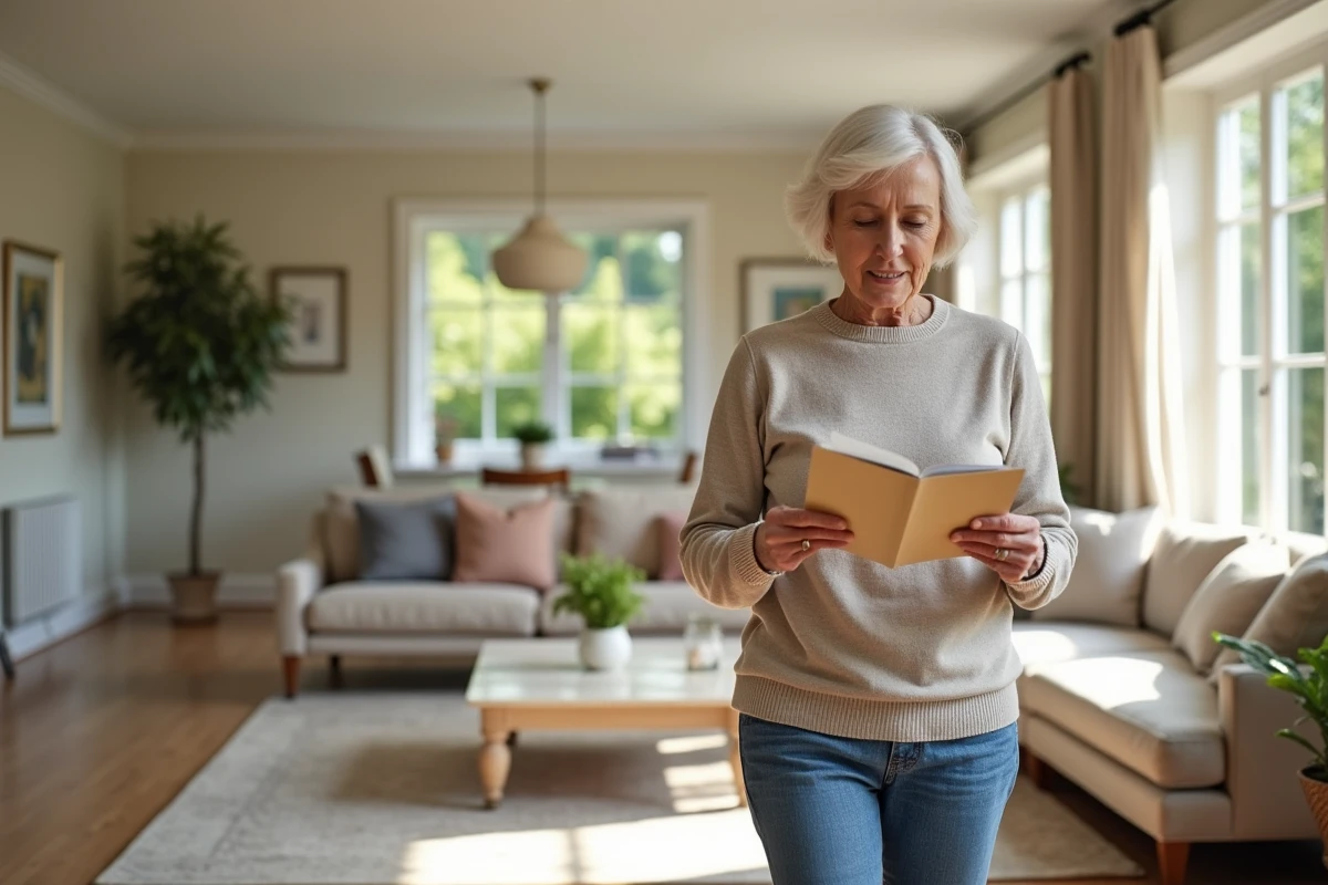 Seniore lisant une brochure dans un salon lumineux