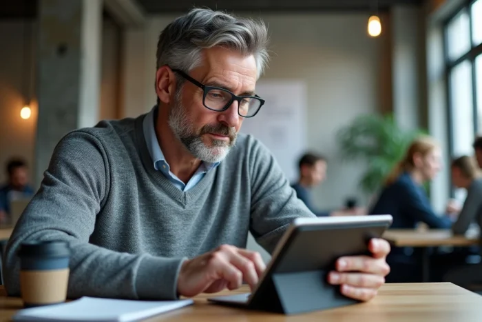 Homme utilisant une tablette pour simplifier ses démarches administratives dans un espace de coworking moderne