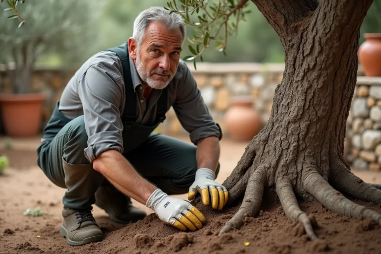Homme en vêtements de travail plantant un olivier