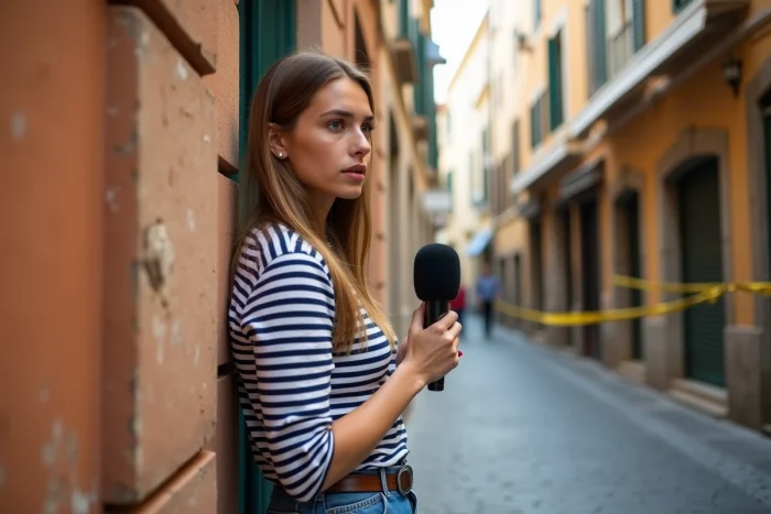 Jeune femme témoin de l'attentat de Cannes témoignant dans une ruelle face à un journaliste