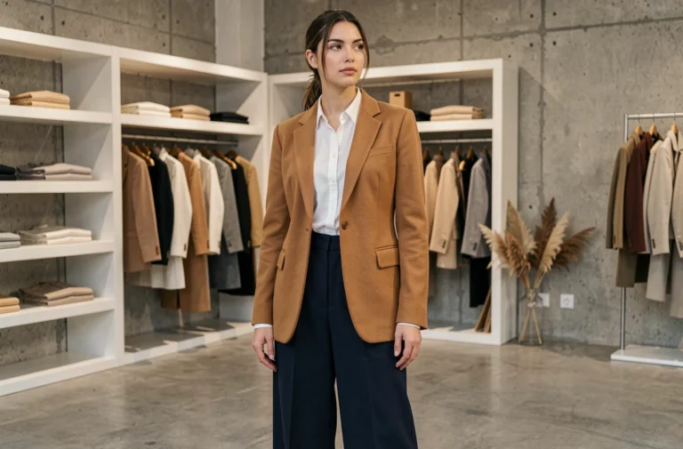 Femme élégante en blazer camel et pantalon marine dans une boutique de mode minimaliste parisienne