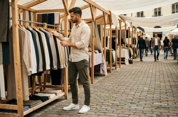 Homme en chemise en lin ecru et chino olive parcourant des vêtements dans un marché de mode en plein air