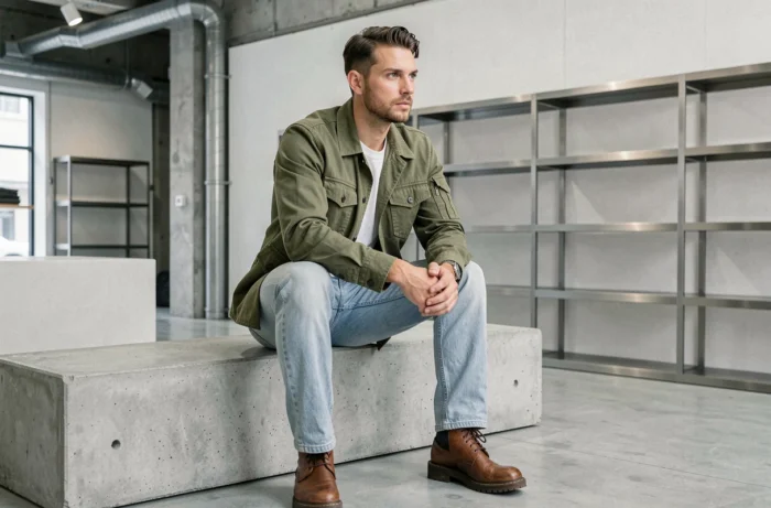 Jeune homme stylé en veste utilitaire verte et jean clair assis dans un concept store minimaliste, mode homme tendance